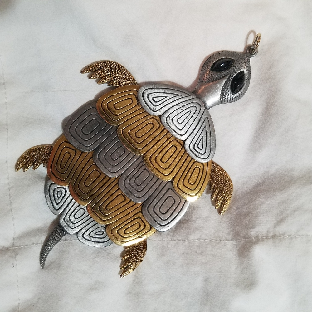 Vintage Pewter & Brass BIG Sea Turtle Pendant